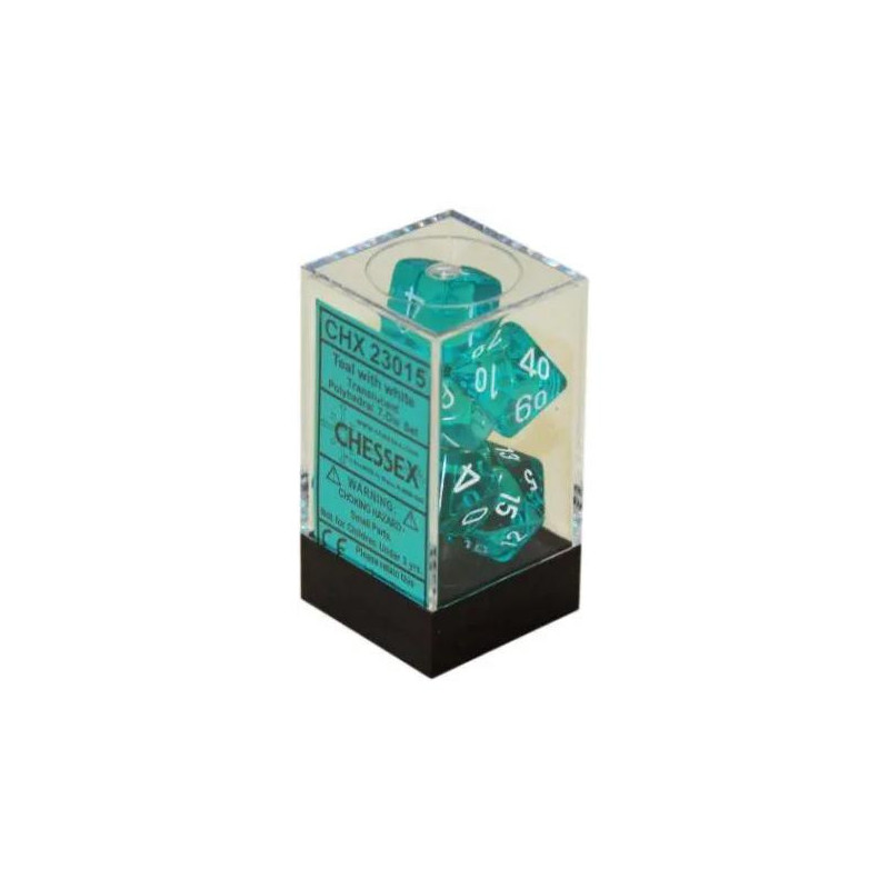 CHESSEX - Set de 7 dés - TRANSPARENT - Sarcelle/Blanc