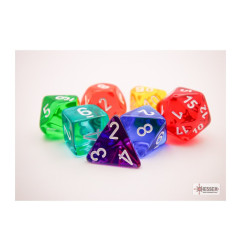 CHESSEX - Set de 7 dés - TRANSPARENT - 7 Couleurs