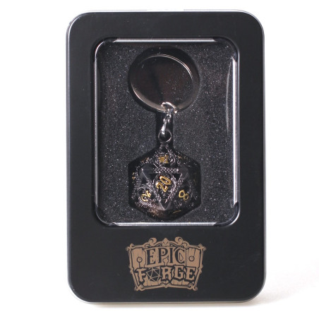 Porte-Clefs D20 Noir Doré avec 7 mini dés RPG