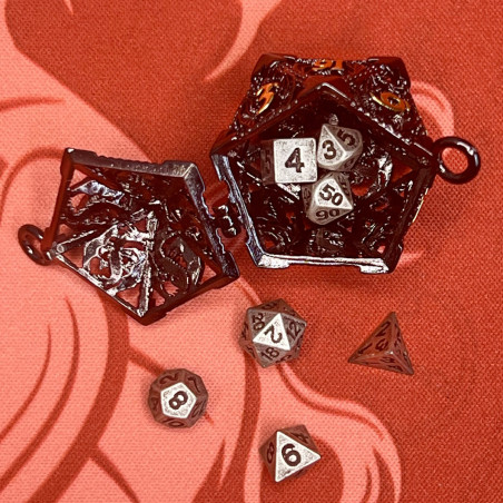 Porte-Clefs D20 Noir Doré avec 7 mini dés RPG