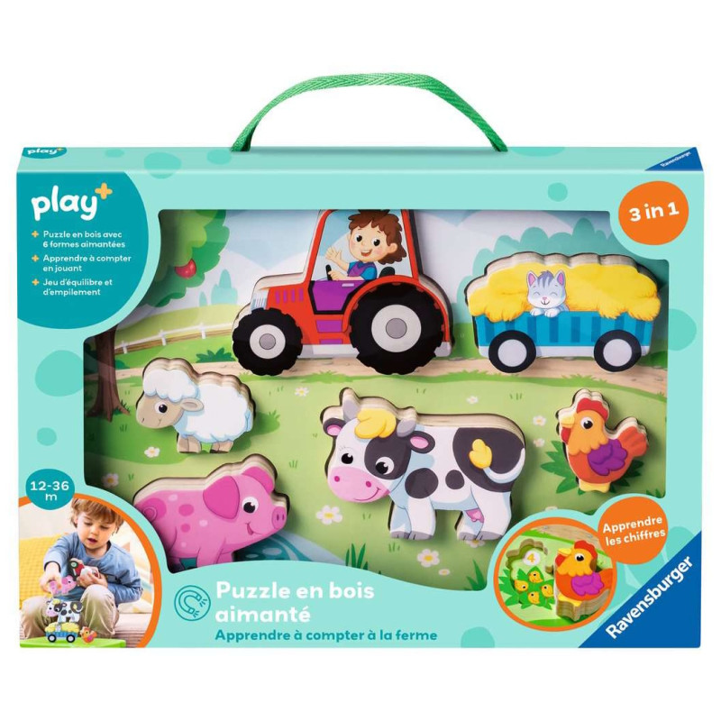 Play+ Puzzle en bois aimanté : Apprendre à compter à la ferme